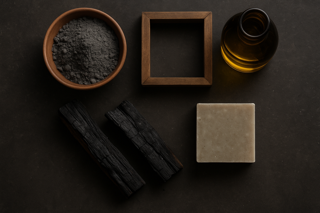 “Cold process soap-making ingredients including wood ash, natural oils, charred wood, and a handmade soap bar beside a wooden soap mold on a dark surface.”